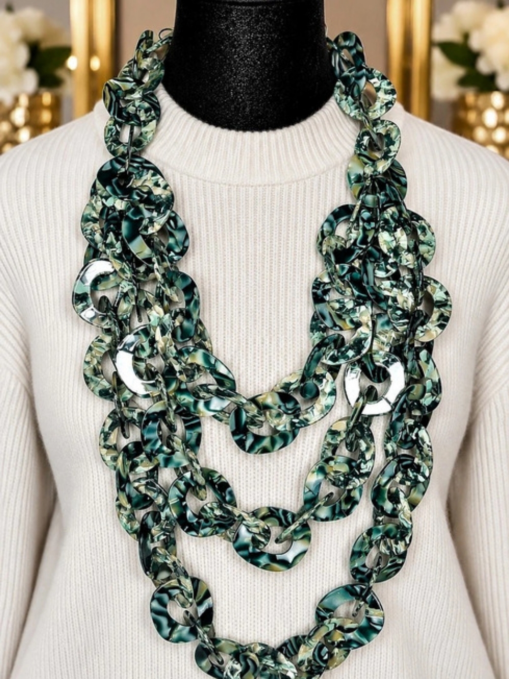 Layered Abstract Necklace in Green & White